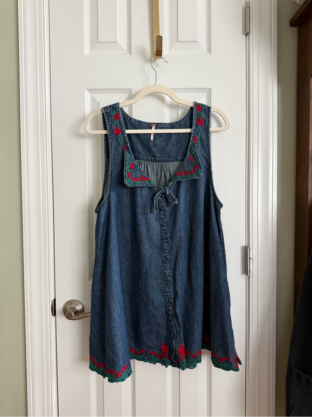 Free People Denim Embroidered Mini Dress (M) - Red & Green Floral Morif